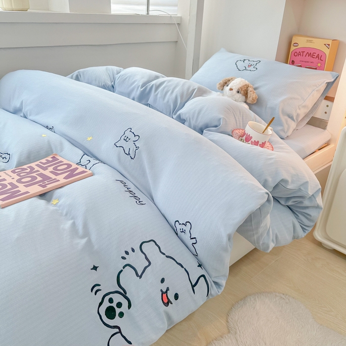 91家纺网 家纺一手货源 找家纺 多乐家纺 2025新款超柔A类母婴级加厚小竺棉学生宿舍三件套上下铺三件套四件套 小白-蓝