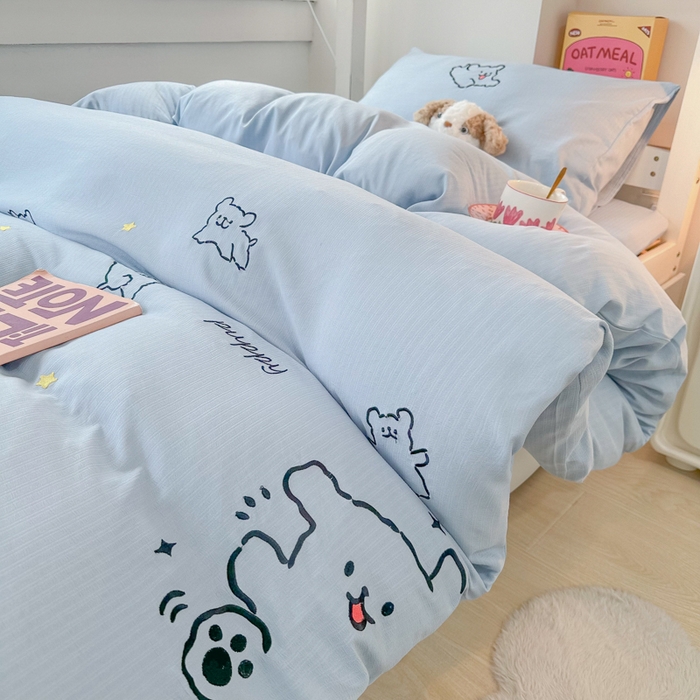 91家纺网 家纺一手货源 找家纺 多乐家纺 2025新款超柔A类母婴级加厚小竺棉学生宿舍三件套上下铺三件套四件套 小白-蓝