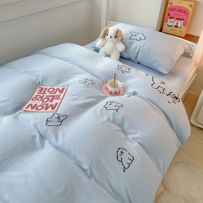 91家纺网 家纺一手货源 找家纺 多乐家纺 2025新款超柔A类母婴级加厚小竺棉学生宿舍三件套上下铺三件套四件套 小白-蓝