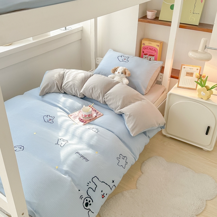 多乐家纺 2025新款超柔A类母婴级加厚小竺棉学生宿舍三件套上下铺三件套四件套 小白-蓝灰