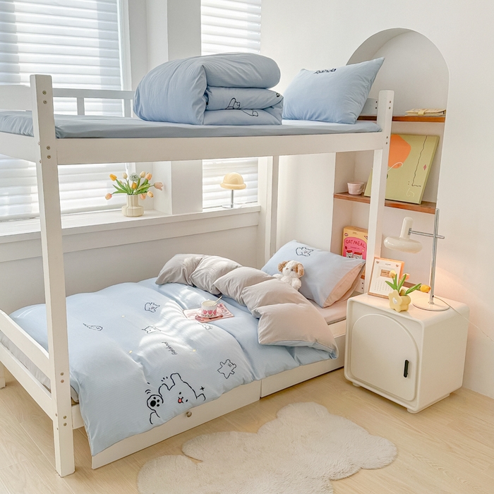 91家纺网 家纺一手货源 找家纺 多乐家纺 2025新款超柔A类母婴级加厚小竺棉学生宿舍三件套上下铺三件套四件套 小白-蓝灰