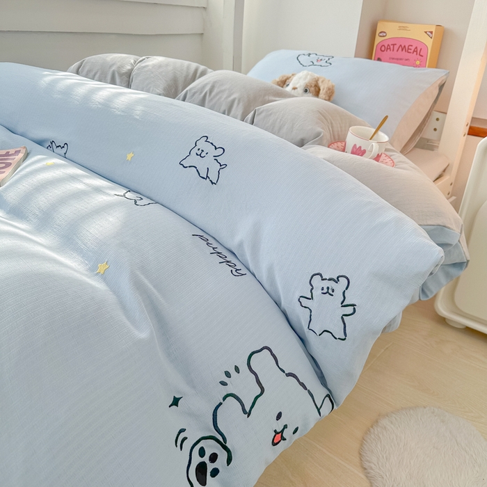 91家纺网 家纺一手货源 找家纺 多乐家纺 2025新款超柔A类母婴级加厚小竺棉学生宿舍三件套上下铺三件套四件套 小白-蓝灰