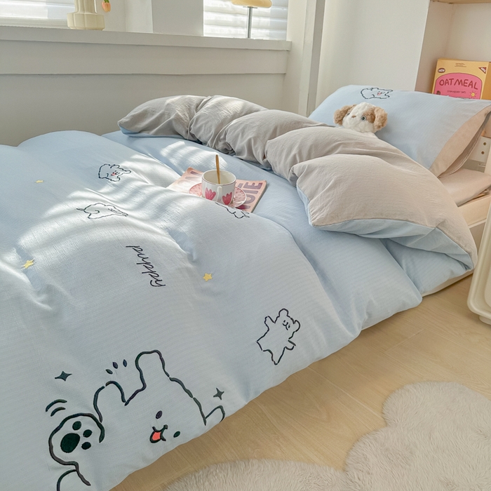 91家纺网 家纺一手货源 找家纺 多乐家纺 2025新款超柔A类母婴级加厚小竺棉学生宿舍三件套上下铺三件套四件套 小白-蓝灰