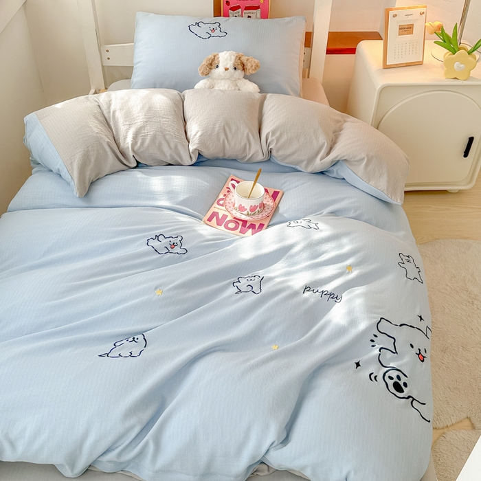 91家纺网 家纺一手货源 找家纺 多乐家纺 2025新款超柔A类母婴级加厚小竺棉学生宿舍三件套上下铺三件套四件套 小白-蓝灰