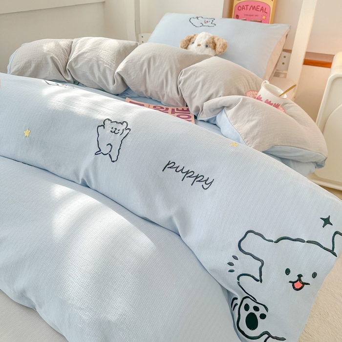 91家纺网 家纺一手货源 找家纺 多乐家纺 2025新款超柔A类母婴级加厚小竺棉学生宿舍三件套上下铺三件套四件套 小白-蓝灰