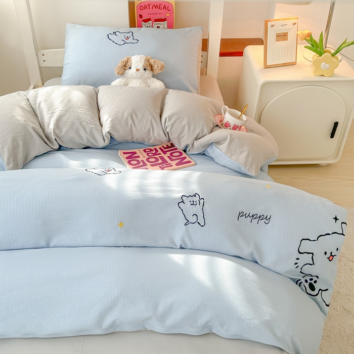 91家纺网 家纺一手货源 找家纺 多乐家纺 2025新款超柔A类母婴级加厚小竺棉学生宿舍三件套上下铺三件套四件套 小白-蓝灰