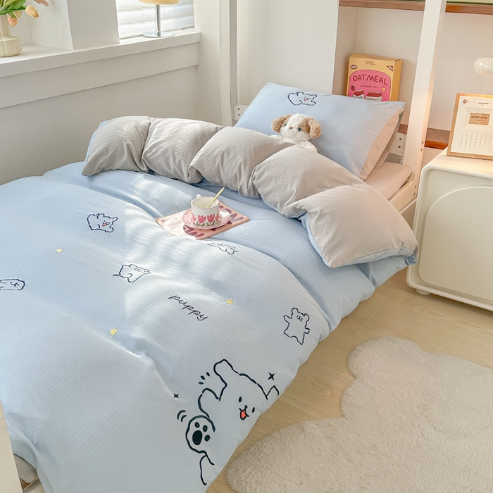 91家纺网 家纺一手货源 找家纺 多乐家纺 2025新款超柔A类母婴级加厚小竺棉学生宿舍三件套上下铺三件套四件套 小白-蓝灰