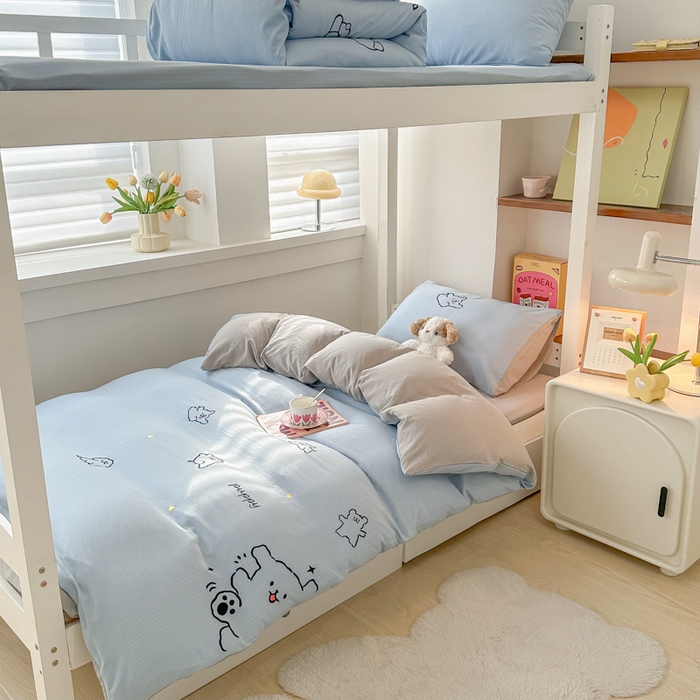 91家纺网 家纺一手货源 找家纺 多乐家纺 2025新款超柔A类母婴级加厚小竺棉学生宿舍三件套上下铺三件套四件套 小白-蓝灰