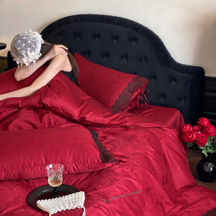 91家纺网 家纺一手货源 找家纺 （总）初拾 2025新款100s全棉纯棉红色提花简约婚庆四件套 爱琴海系列