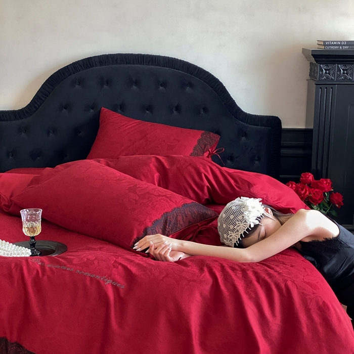 91家纺网 家纺一手货源 找家纺 （总）初拾 2025新款100s全棉纯棉红色提花简约婚庆四件套 爱琴海系列