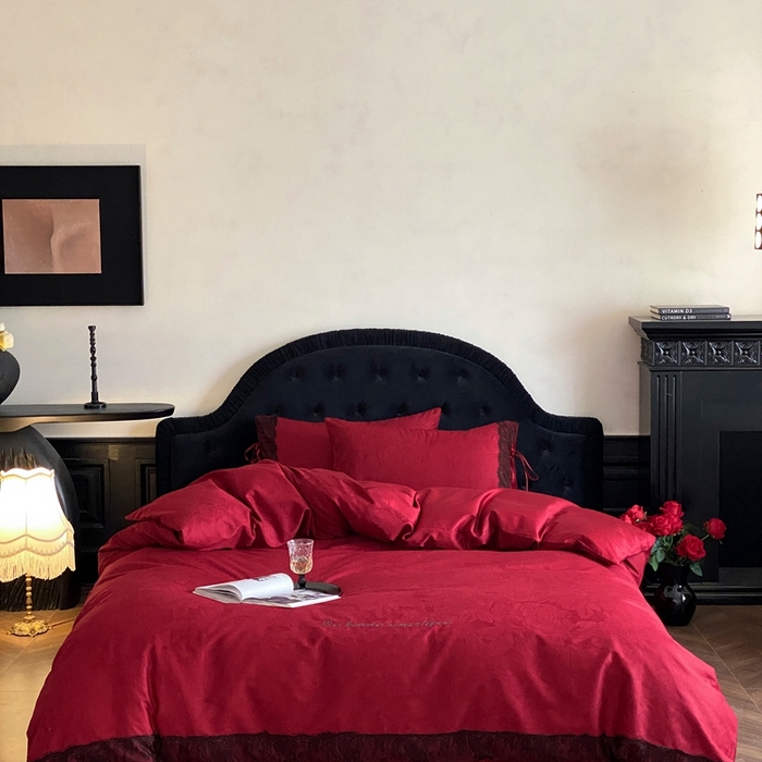 91家纺网 家纺一手货源 找家纺 （总）初拾 2025新款100s全棉纯棉红色提花简约婚庆四件套 爱琴海系列