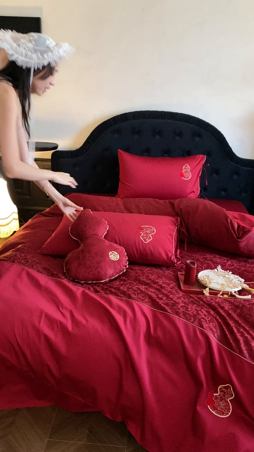 91家纺网 家纺一手货源 找家纺 （总）初拾 2025新款100s全棉纯棉红色提花简约婚庆四件套 福禄系列