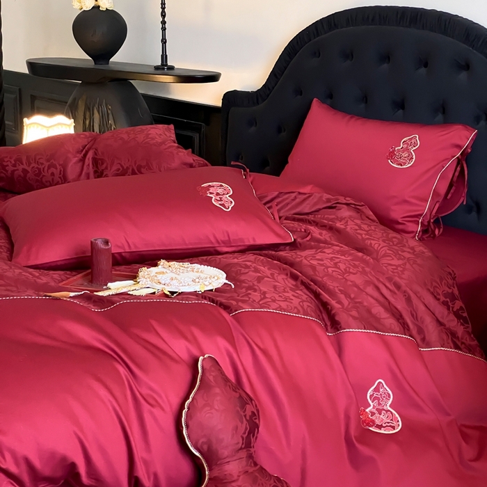 91家纺网 家纺一手货源 找家纺 （总）初拾 2025新款100s全棉纯棉红色提花简约婚庆四件套 福禄系列