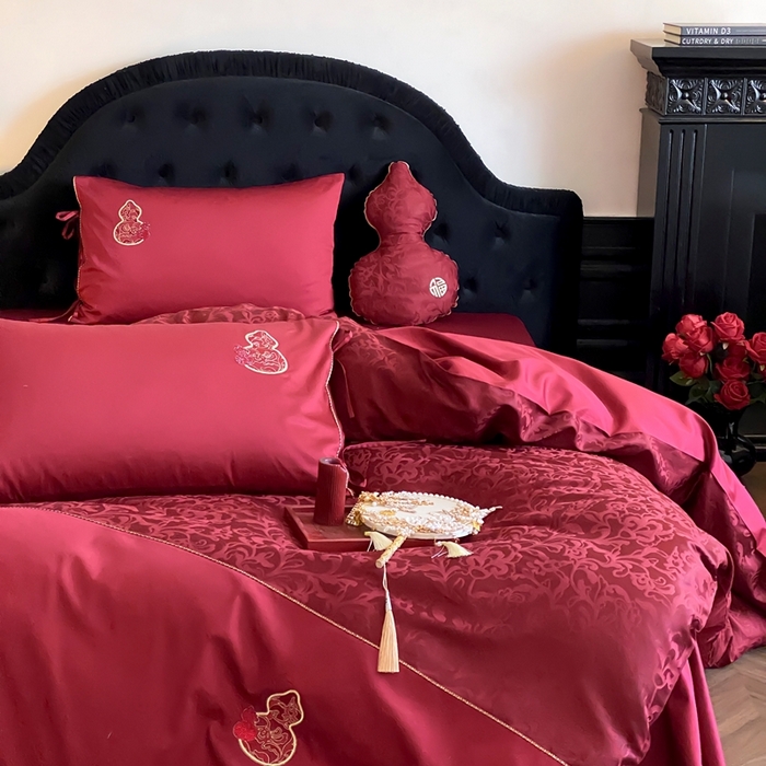 91家纺网 家纺一手货源 找家纺 （总）初拾 2025新款100s全棉纯棉红色提花简约婚庆四件套 福禄系列