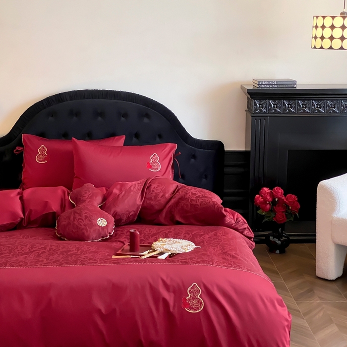 91家纺网 家纺一手货源 找家纺 （总）初拾 2025新款100s全棉纯棉红色提花简约婚庆四件套 福禄系列