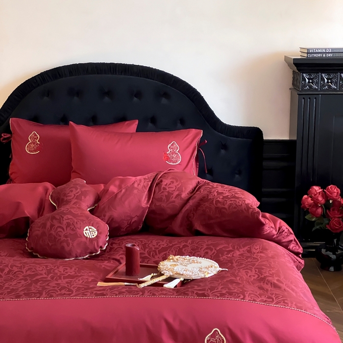 91家纺网 家纺一手货源 找家纺 （总）初拾 2025新款100s全棉纯棉红色提花简约婚庆四件套 福禄系列