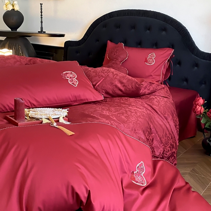 91家纺网 家纺一手货源 找家纺 （总）初拾 2025新款100s全棉纯棉红色提花简约婚庆四件套 福禄系列