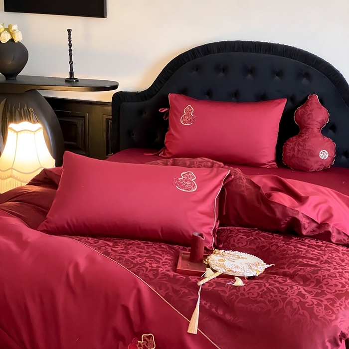 91家纺网 家纺一手货源 找家纺 （总）初拾 2025新款100s全棉纯棉红色提花简约婚庆四件套 福禄系列