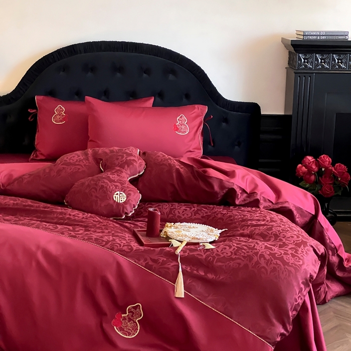 91家纺网 家纺一手货源 找家纺 （总）初拾 2025新款100s全棉纯棉红色提花简约婚庆四件套 福禄系列