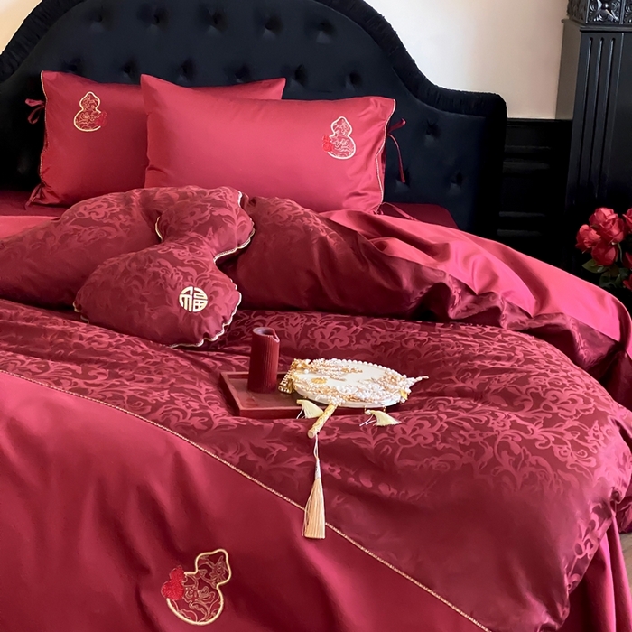 91家纺网 家纺一手货源 找家纺 （总）初拾 2025新款100s全棉纯棉红色提花简约婚庆四件套 福禄系列