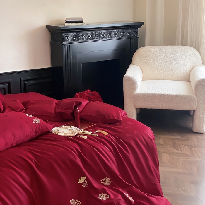 91家纺网 家纺一手货源 找家纺 （总）初拾 2025新款100s全棉纯棉红色提花简约婚庆四件套 与你一起系列