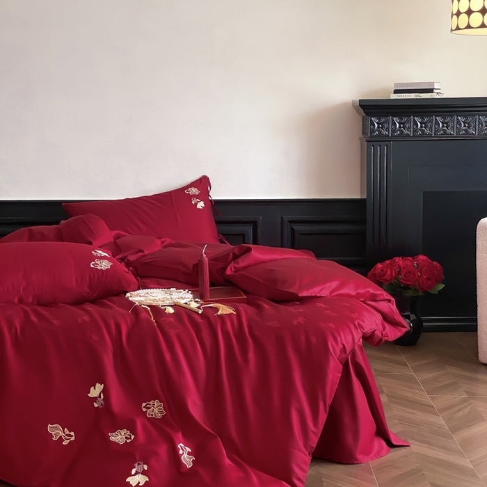 91家纺网 家纺一手货源 找家纺 （总）初拾 2025新款100s全棉纯棉红色提花简约婚庆四件套 与你一起系列