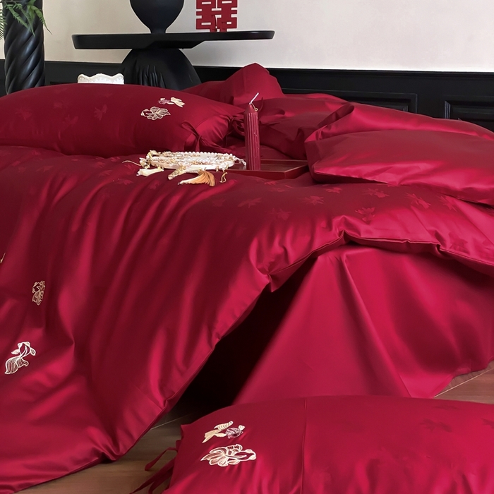 91家纺网 家纺一手货源 找家纺 （总）初拾 2025新款100s全棉纯棉红色提花简约婚庆四件套 与你一起系列