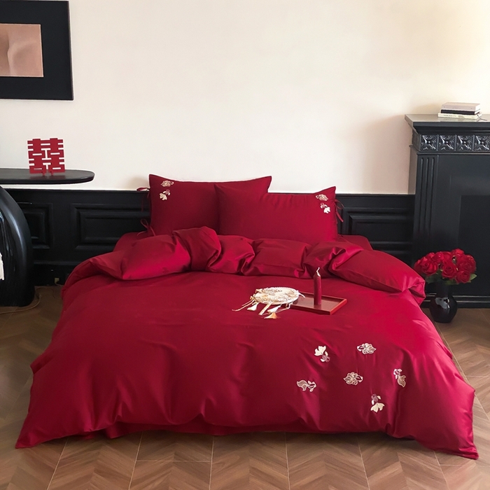 91家纺网 家纺一手货源 找家纺 （总）初拾 2025新款100s全棉纯棉红色提花简约婚庆四件套 与你一起系列