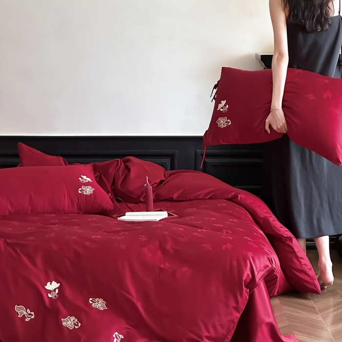 91家纺网 家纺一手货源 找家纺 （总）初拾 2025新款100s全棉纯棉红色提花简约婚庆四件套 与你一起系列