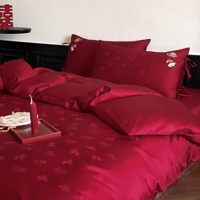 91家纺网 家纺一手货源 找家纺 （总）初拾 2025新款100s全棉纯棉红色提花简约婚庆四件套 与你一起系列