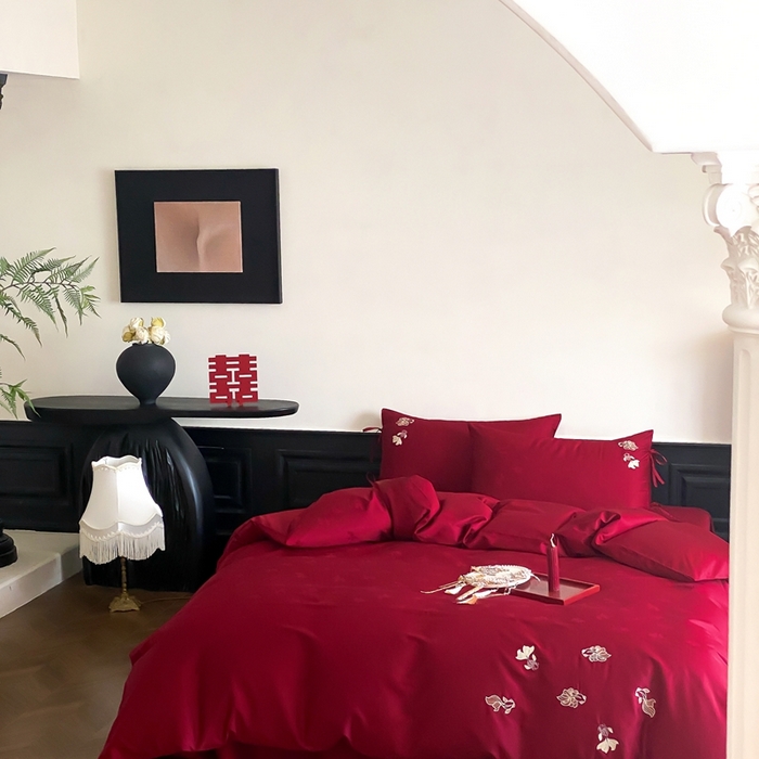 91家纺网 家纺一手货源 找家纺 （总）初拾 2025新款100s全棉纯棉红色提花简约婚庆四件套 与你一起系列