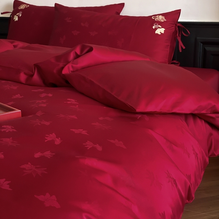 91家纺网 家纺一手货源 找家纺 （总）初拾 2025新款100s全棉纯棉红色提花简约婚庆四件套 与你一起系列