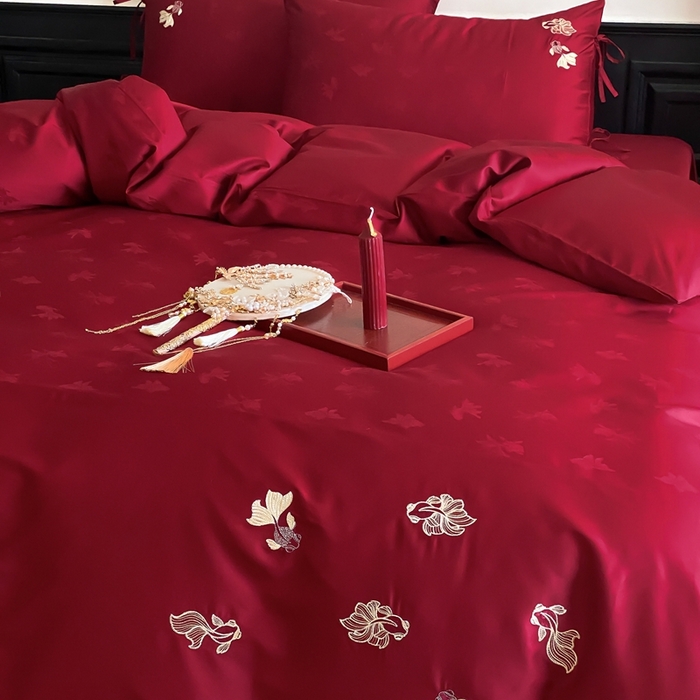 91家纺网 家纺一手货源 找家纺 （总）初拾 2025新款100s全棉纯棉红色提花简约婚庆四件套 与你一起系列