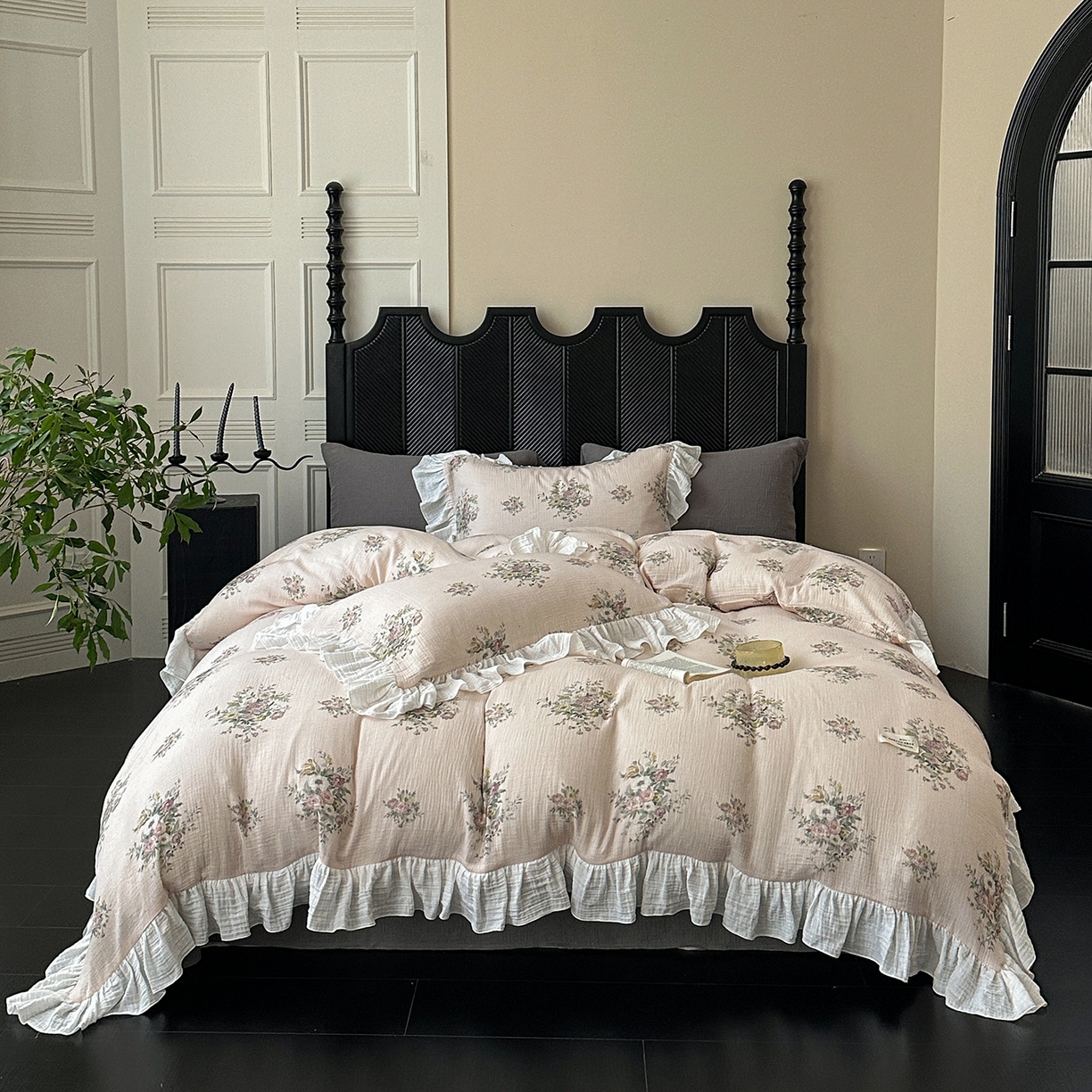 91家纺网 家纺一手货源 找家纺 （总）耀悦家纺 2025新款纯棉四件套皱皱纱全棉双层纱花边套件欧式新中式