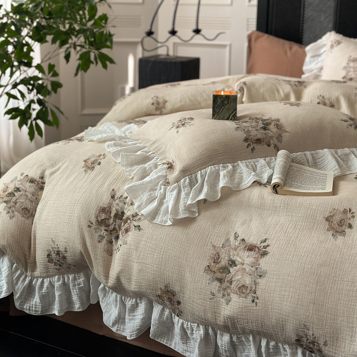 91家纺网 家纺一手货源 找家纺 （总）耀悦家纺 2025新款纯棉四件套皱皱纱全棉双层纱花边套件欧式新中式