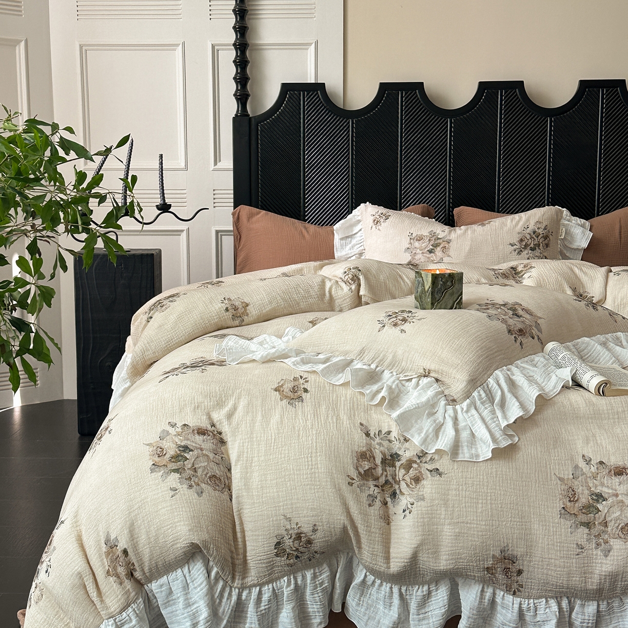 91家纺网 家纺一手货源 找家纺 （总）耀悦家纺 2025新款纯棉四件套皱皱纱全棉双层纱花边套件欧式新中式