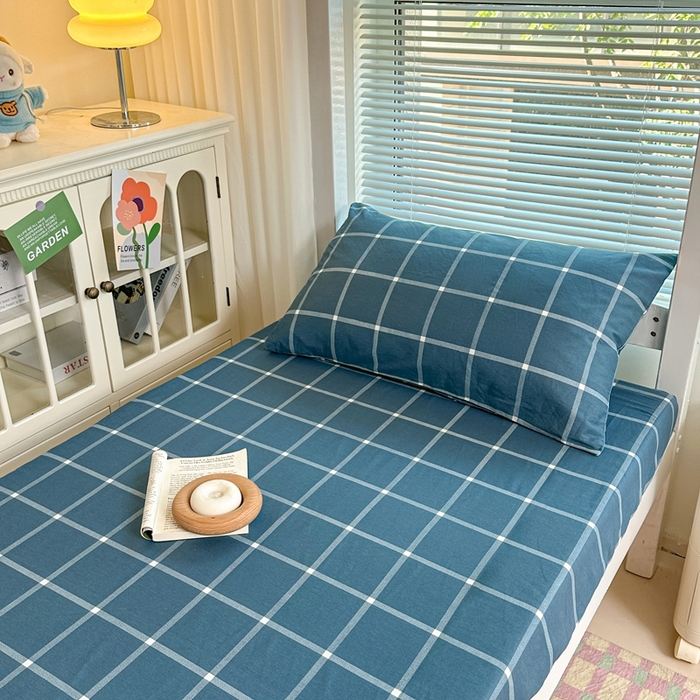 91家纺网 家纺一手货源 找家纺 寐眠 2025新款全棉纯棉印花学生三件套上下铺三件套 蓝调格子