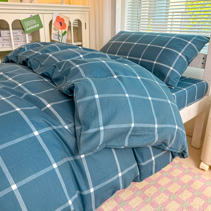 91家纺网 家纺一手货源 找家纺 寐眠 2025新款全棉纯棉印花学生三件套上下铺三件套 蓝调格子