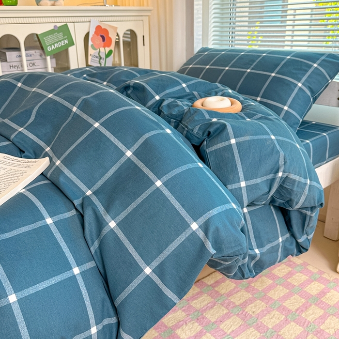 91家纺网 家纺一手货源 找家纺 寐眠 2025新款全棉纯棉印花学生三件套上下铺三件套 蓝调格子