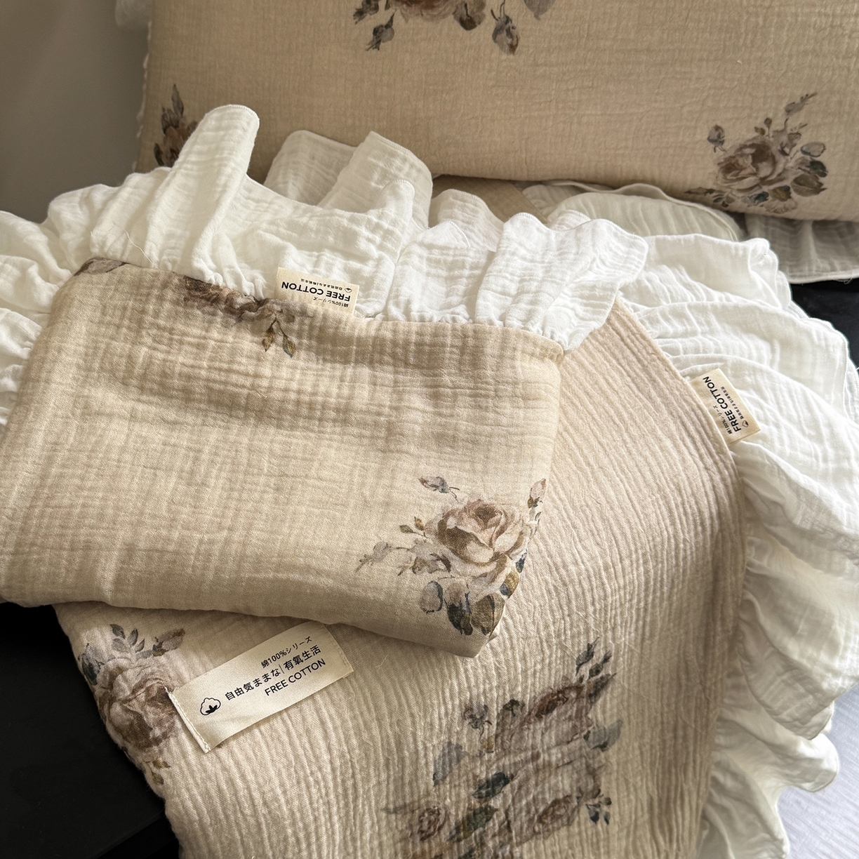 91家纺网 家纺一手货源 找家纺 （总）耀悦家纺 2025新款纯棉四件套皱皱纱全棉双层纱花边套件欧式新中式