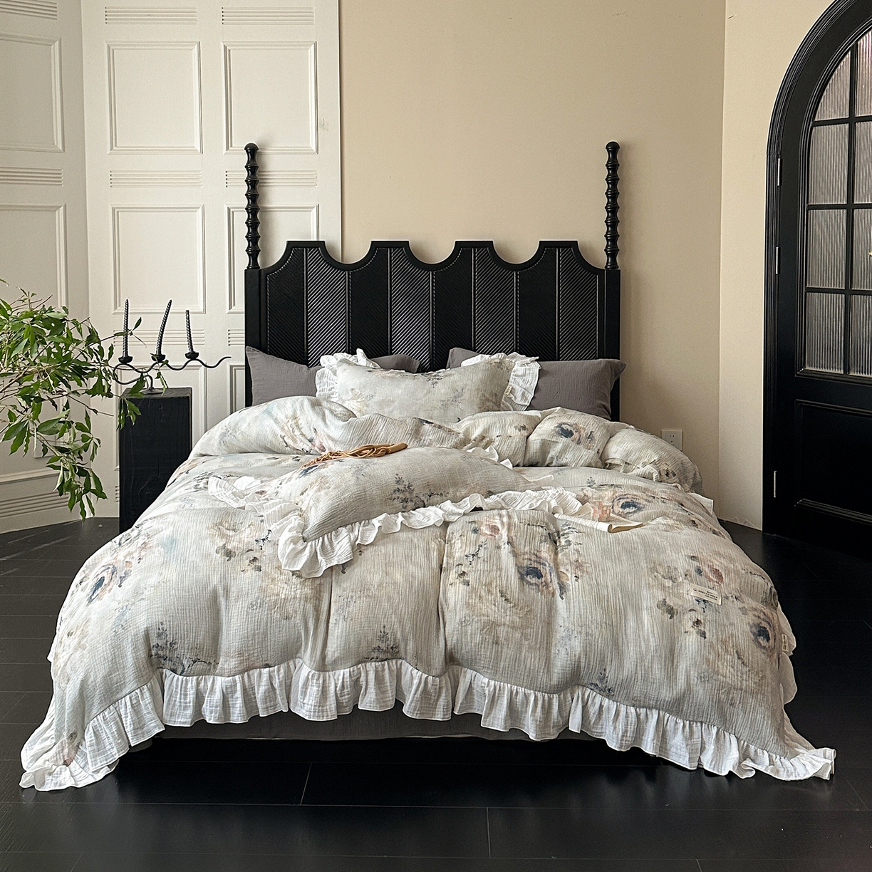 91家纺网 家纺一手货源 找家纺 （总）耀悦家纺 2025新款纯棉四件套皱皱纱全棉双层纱花边套件欧式新中式