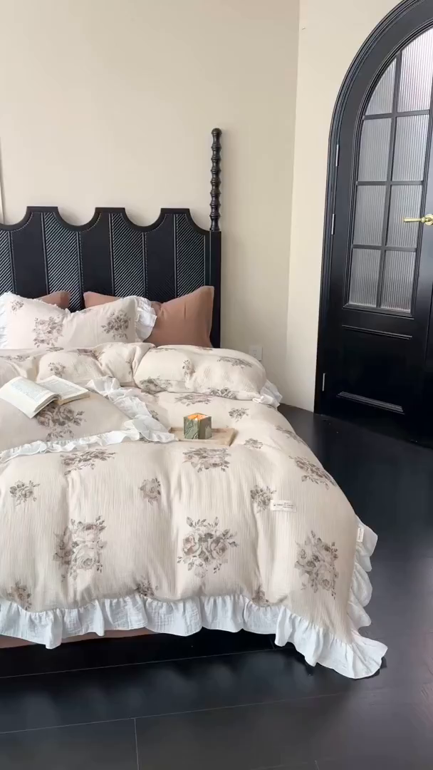 91家纺网 家纺一手货源 找家纺 （总）耀悦家纺 2025新款纯棉四件套皱皱纱全棉双层纱花边套件欧式新中式