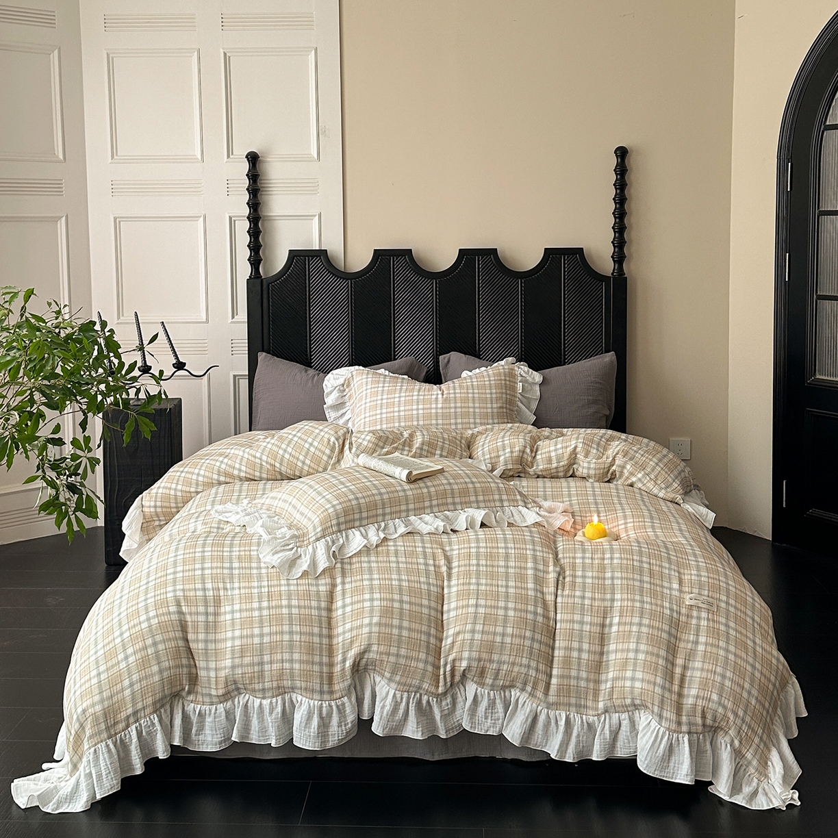 91家纺网 家纺一手货源 找家纺 （总）耀悦家纺 2025新款纯棉四件套皱皱纱全棉双层纱花边套件欧式新中式