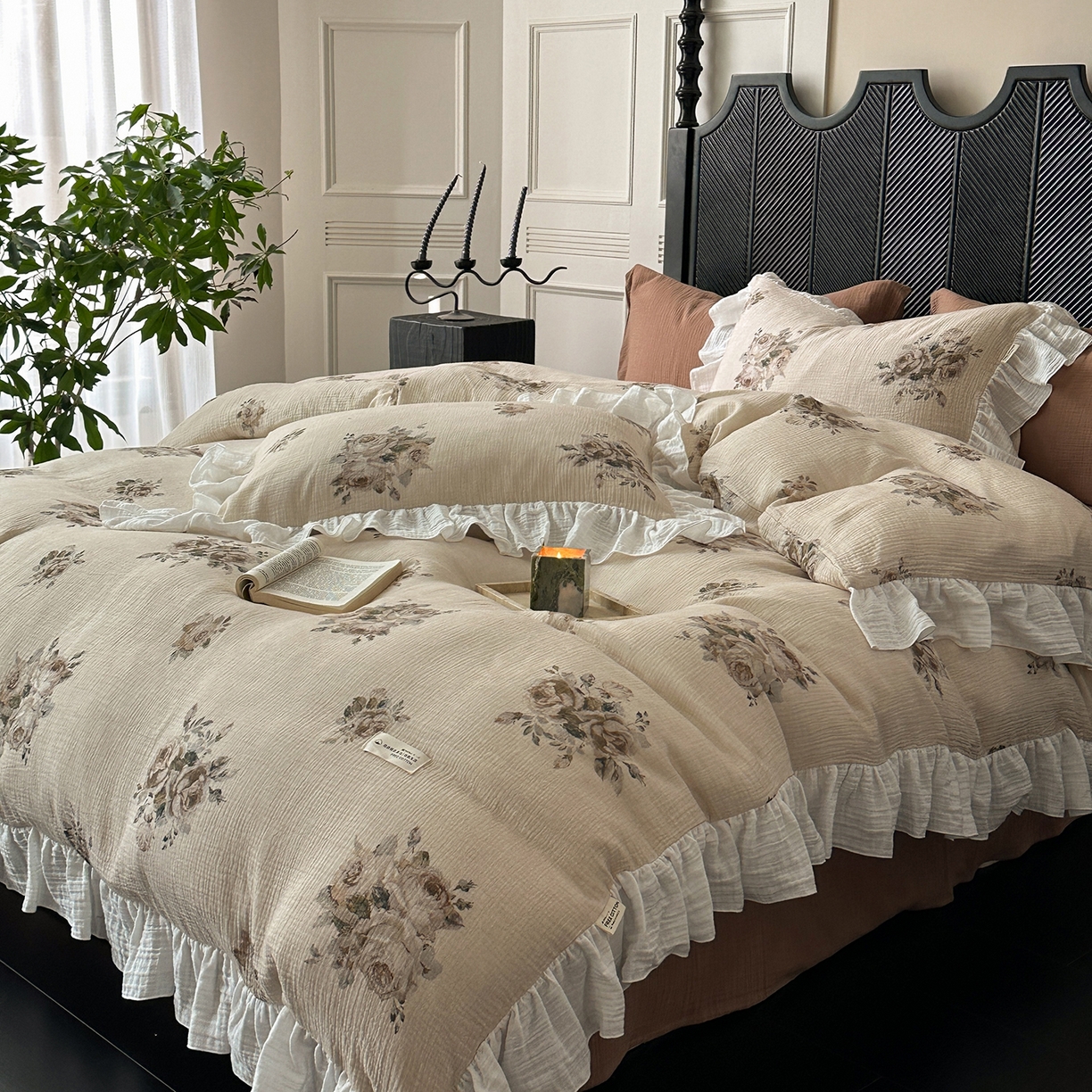 91家纺网 家纺一手货源 找家纺 （总）耀悦家纺 2025新款纯棉四件套皱皱纱全棉双层纱花边套件欧式新中式