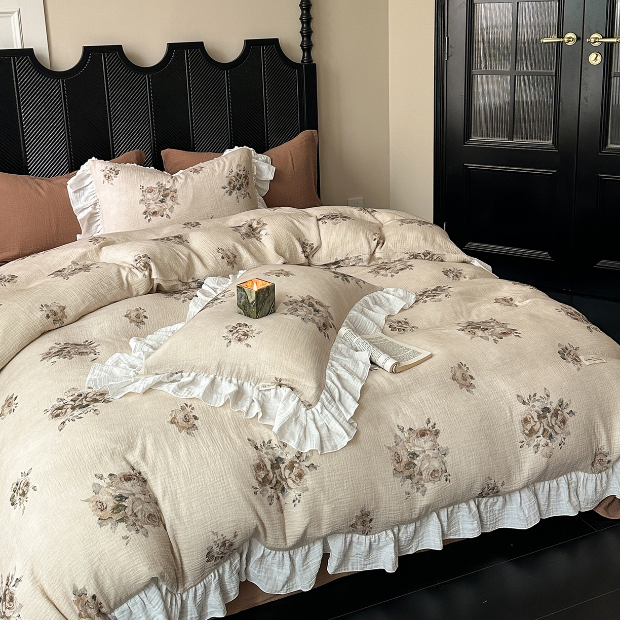 91家纺网 家纺一手货源 找家纺 （总）耀悦家纺 2025新款纯棉四件套皱皱纱全棉双层纱花边套件欧式新中式