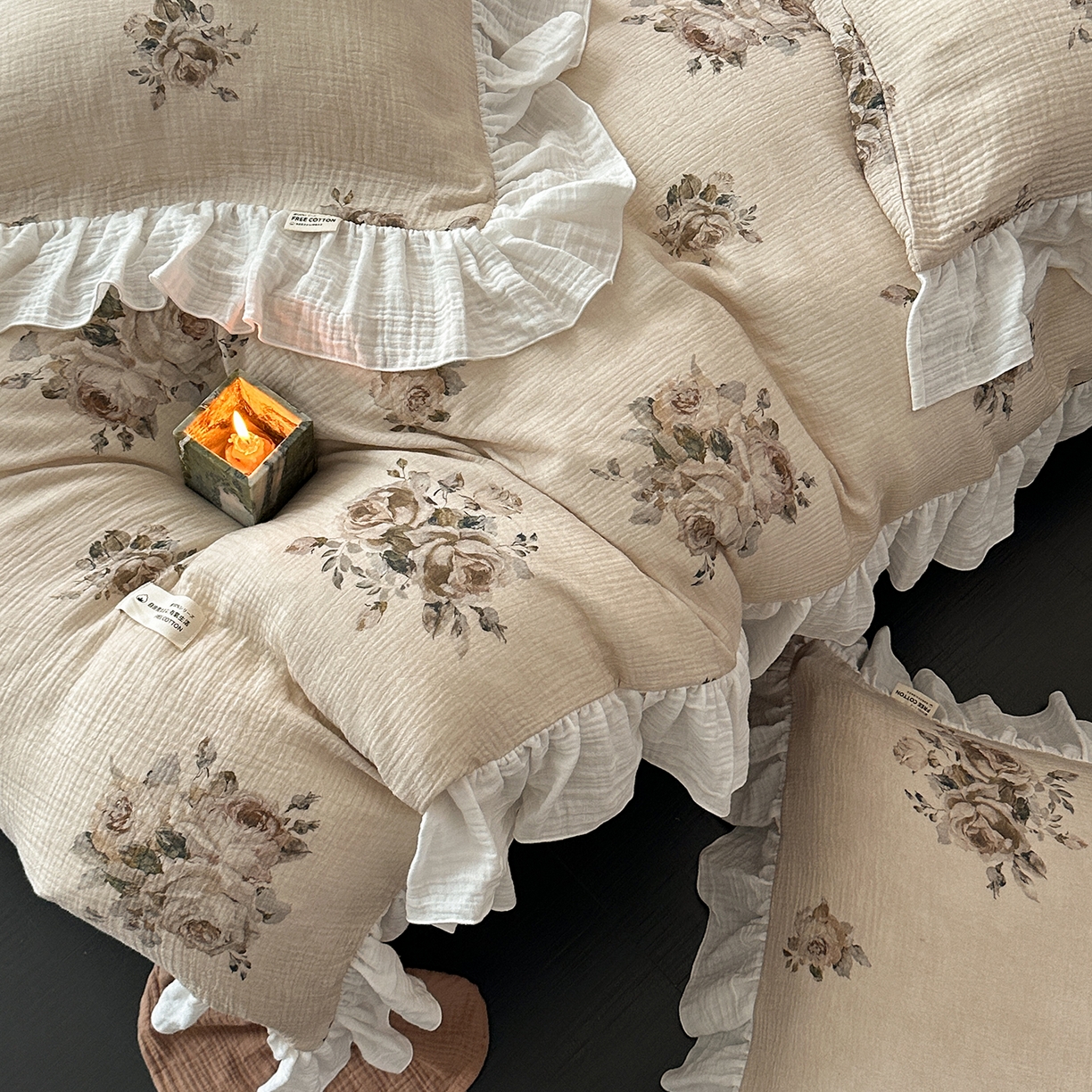 91家纺网 家纺一手货源 找家纺 （总）耀悦家纺 2025新款纯棉四件套皱皱纱全棉双层纱花边套件欧式新中式