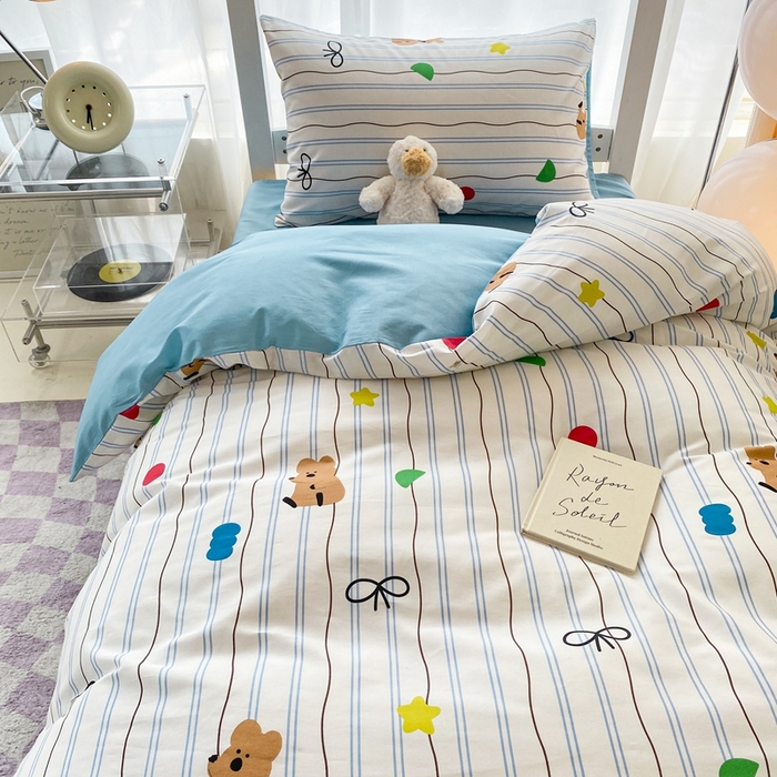 91家纺网 家纺一手货源 找家纺 寐眠 2025新款全棉纯棉印花学生三件套上下铺三件套 爬爬熊