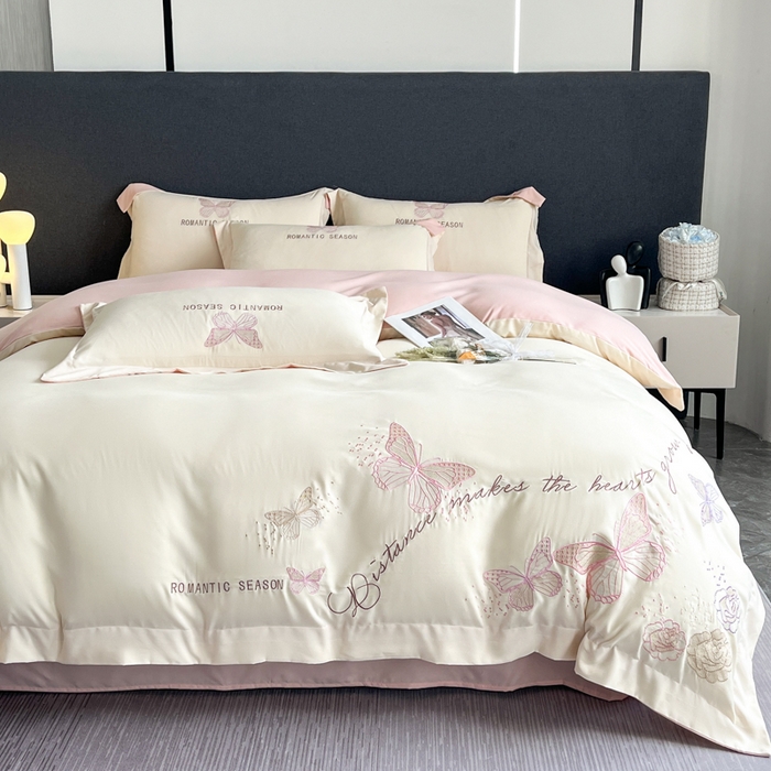 91家纺网 家纺一手货源 找家纺 （总）青柚 2025新款梦蝶亲肤棉刺绣四件套（小号不低于98元，标准不低于138，加大不低于148，以此类推，低价必投不撤销）