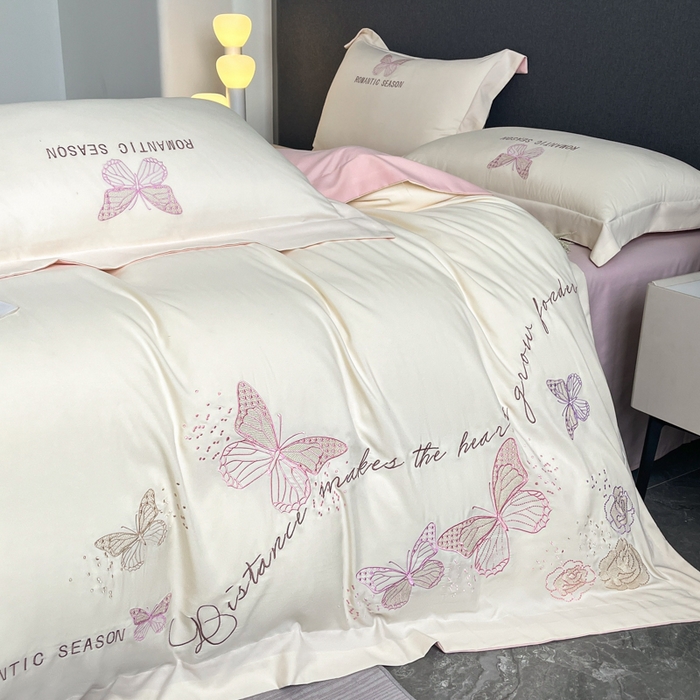 91家纺网 家纺一手货源 找家纺 （总）青柚 2025新款梦蝶亲肤棉刺绣四件套（小号不低于98元，标准不低于138，加大不低于148，以此类推，低价必投不撤销）