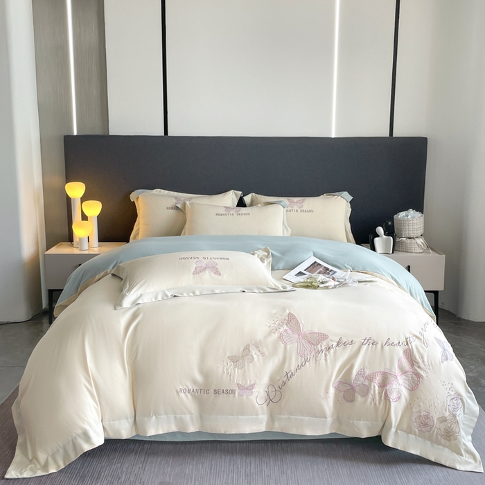 91家纺网 家纺一手货源 找家纺 （总）青柚 2025新款梦蝶亲肤棉刺绣四件套（小号不低于98元，标准不低于138，加大不低于148，以此类推，低价必投不撤销）